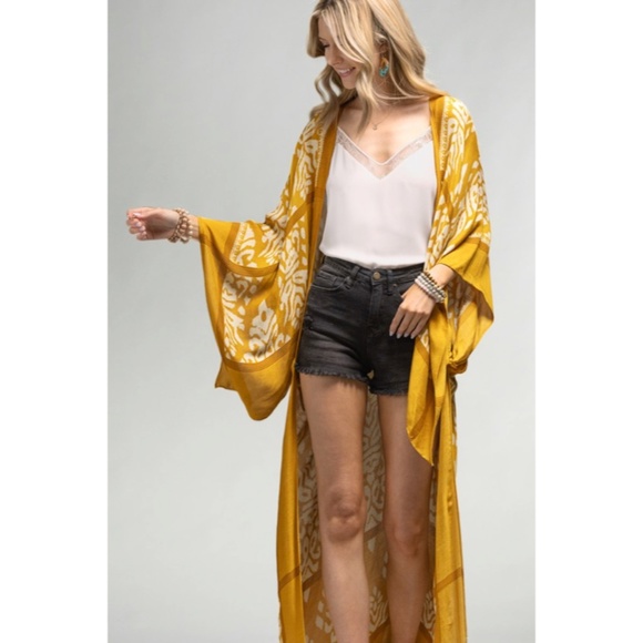 SOLD OUT Mustard Yellow Damask Print Pompom Trim Bohemian Kimono Wrap Coverup - Picture 3 of 4